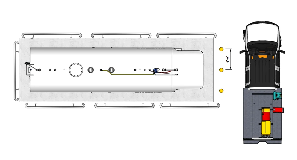 Site layout showing tank with guardrail protection and perpendicular vehicle fueling position