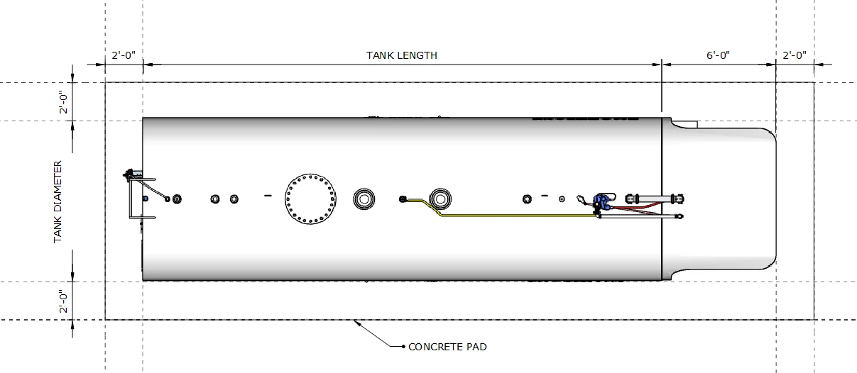 Tank pad layout showing 2 foot clearance on all sides